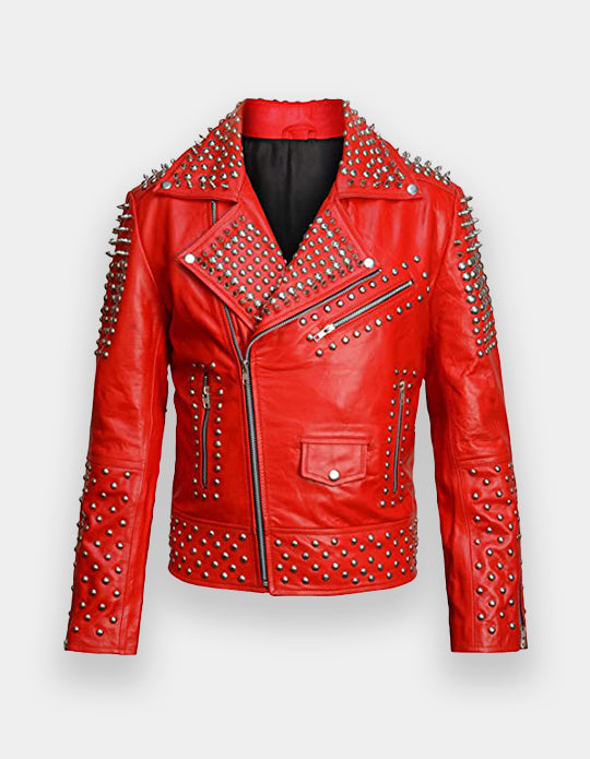 Men's Red Full Studded Leather Jacket, Biker-Jacke mit Nieten